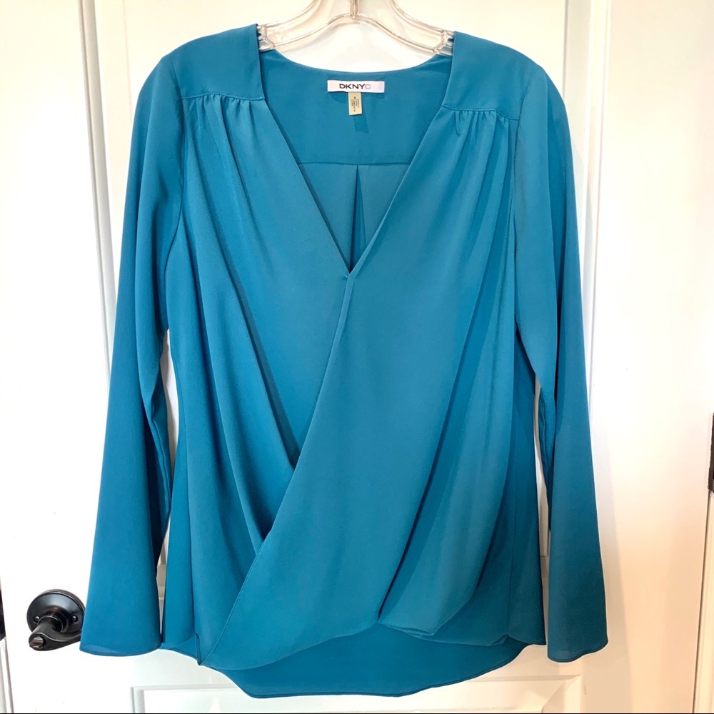 DKNY City Blue long sleeve vneck draped Blouse S
